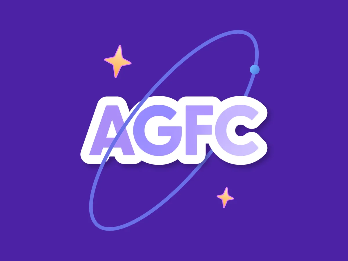 The AGFC logo: purple letters ringed by an orbit, with two stars