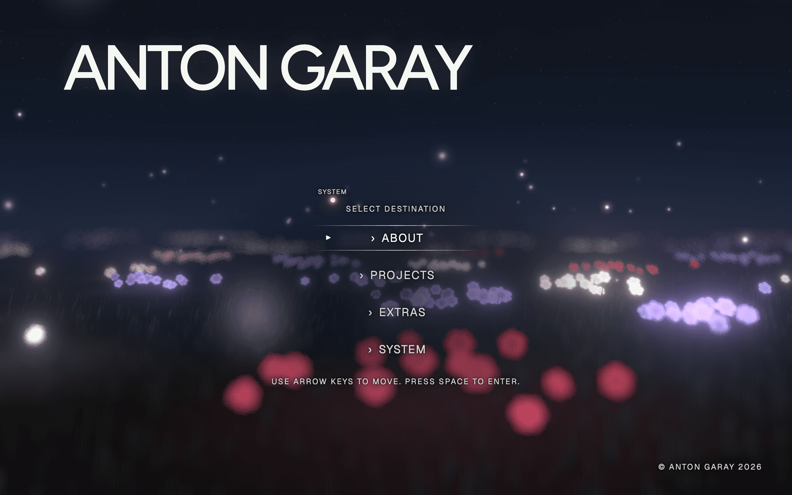 This portfolio's main menu, over a field of flowers at night