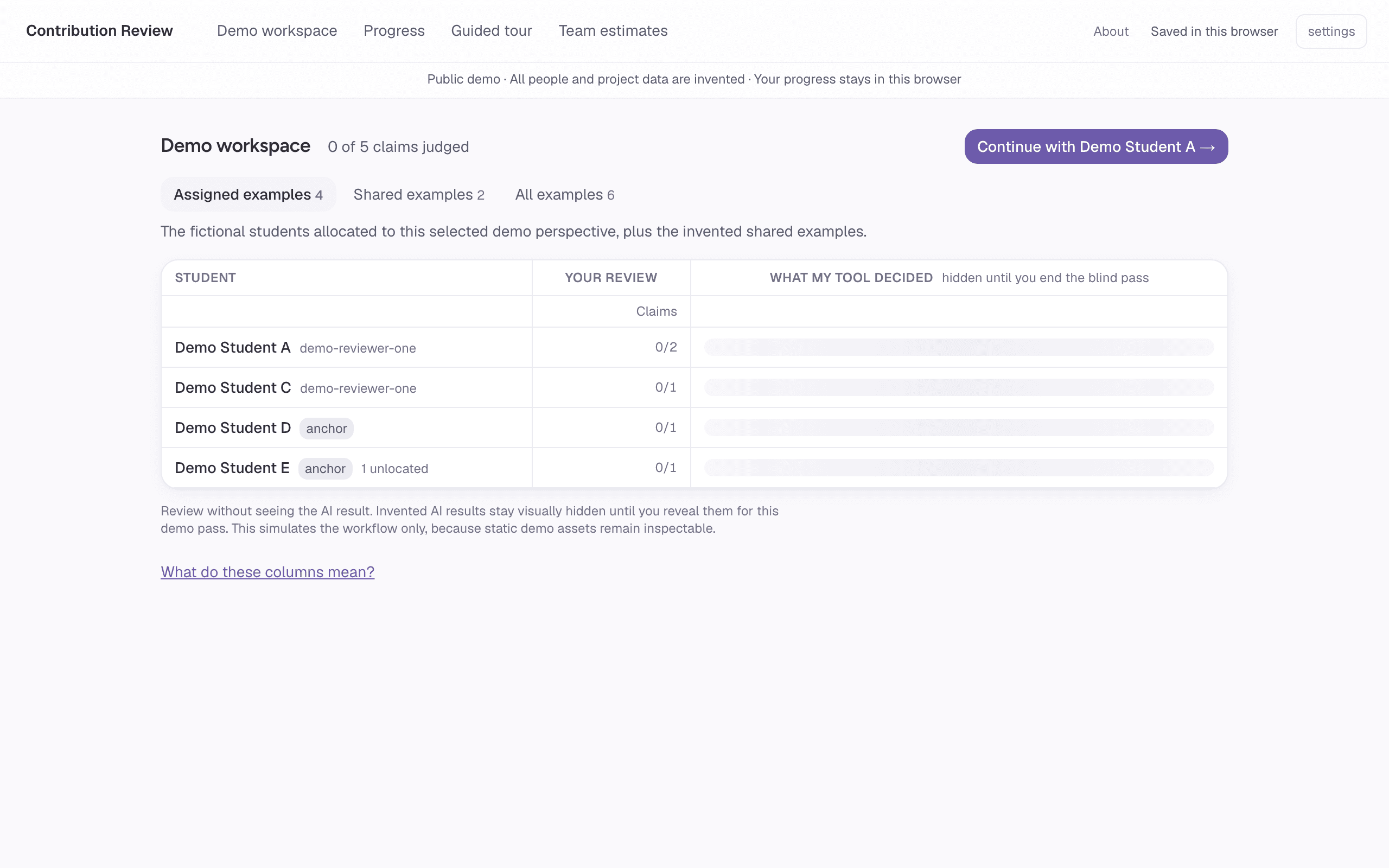 The honours project's demo workspace, listing invented students to review